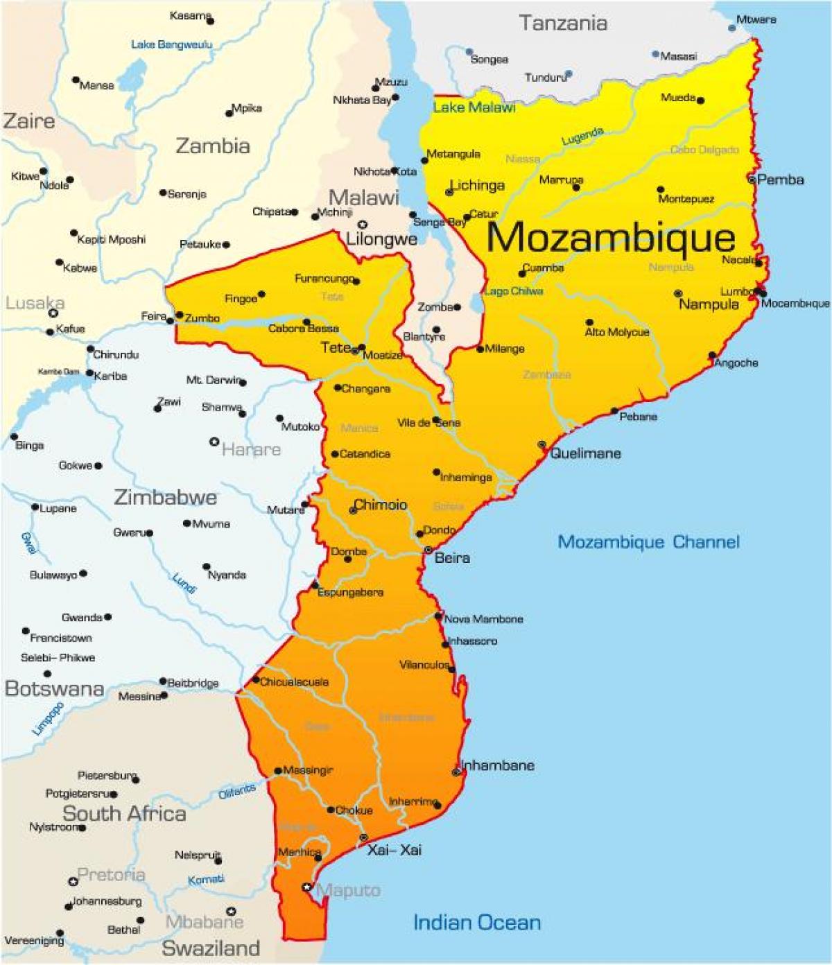 քարտեզ Մոզամբիկի քարտեզի հետ расстояниями